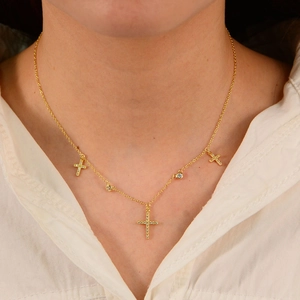 925 sterling silver gold plated necklace with zircon cross pendants on model neck