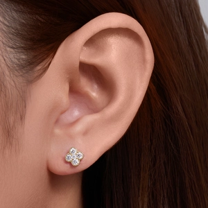 925 silver four-leaf clover stud earrings with sparkling zircons worn by a model