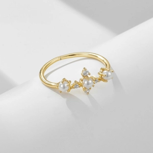 Elegante anello a corona d'oro con perle da donna in stile vintage minimalista