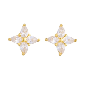 Minimalist silver four-leaf clover stud earrings with sparkling zirconia stones for women