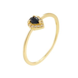 Water drop black zircon ring in 18K gold plating with white zircon halo on white background