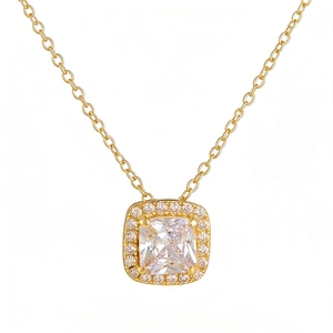 Luxurious S925 silver gold halo necklace featuring square zirconia pendant on O-chain
