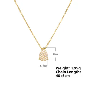 Macro detail of s925 silver pear drop pendant with zircon stones and size specifications