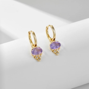 925 Sterling Silver Amethyst Drop Earrings For Women Luxury Oval Purple Stone Rhinestone Inlaid Hoop Earrings Jewelry Gift