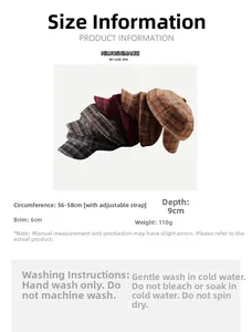 Detailed size chart for retro plaid newsboy cap with 56-58cm head circumference