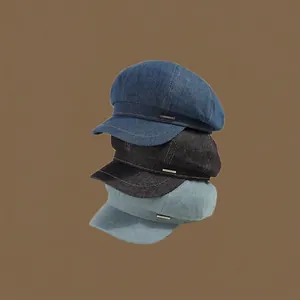 Women Washed Denim Style Acrylic Octagonal Hat Retro Newsboy Cap With Metal Label Japanese Solid Color Fashion Beret