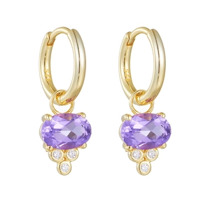 Classic 925 sterling silver gold hoop earrings with oval purple amethyst pendants