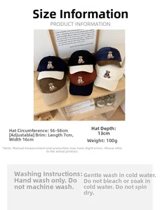 Detailed size chart for the bear embroidery corduroy baseball cap with 56-58cm fit