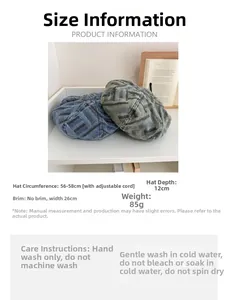 Detailed size chart for vintage striped denim beret with 56-58cm adjustable strap