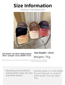 Size chart showing adjustable 56-58cm baseball cap dimensions and washing instructions