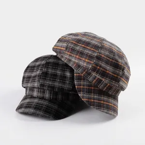 Japanese retro plaid newsboy hats in black grey and orange yellow checkered patterns