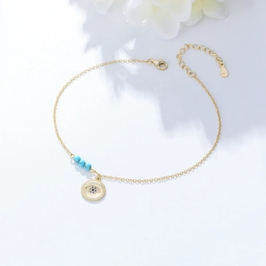 Bracelets de Cheville en Argent Sterling S925 Mauvais Œil Turquoise Strass pour Femme Bijoux de Plage Bohème Chaîne de Pied Réglable Or Argent