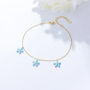 Bohemian 925 Sterling Silver Sea Star Flower Anklet For Women Girls Light Blue Enamel Rhinestone Summer Beach Foot Jewelry