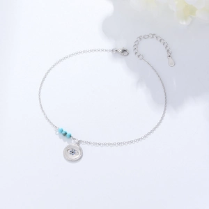 Chevillère en argent S925 avec œil porte-bonheur et perles turquoises pour la plage