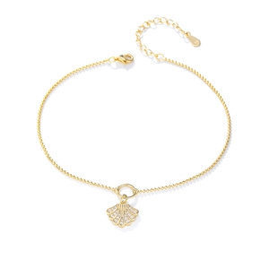 Sterling silver shell pendant anklet with sparkling zircons and a gold-plated beaded chain
