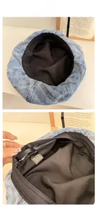 Detail view of denim striped beret with cotton lining and adjustable sweatband label
