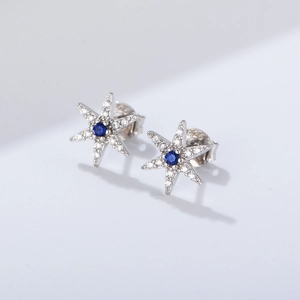 Silver hexagram star stud earrings with deep blue center stone and white zircon accents