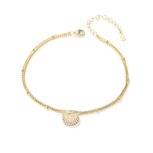 Elegant S925 sterling silver double-layer anklet with shell pendant and zircons