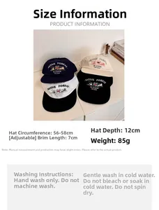 Size chart for corduroy baseball cap with 56-58cm adjustable strap and care instructions