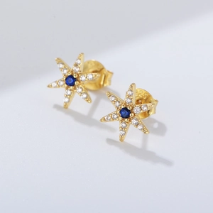 Golden S925 sterling silver hexagram stud earrings with blue zircon and pavé crystals