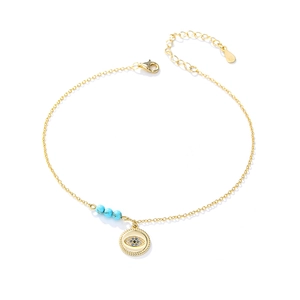 Bracelet de cheville en argent S925 avec œil maléfique, perles turquoise et zircons