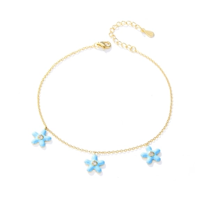 Bohemian sterling silver starfish anklet with blue enamel flowers and sparkling crystals