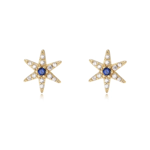 Classic gold star stud earrings with blue sapphire center and sparkling white stones