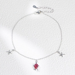 Bracelet de cheville en argent S925 avec tortue de mer, étoile et pierre rouge