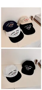 Flat lay detail of hip-hop baseball caps with Native Forest embroidery in four colors