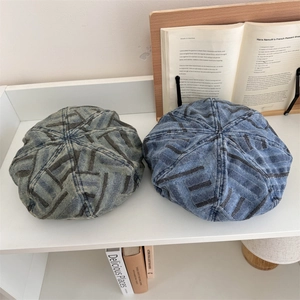Vintage patchwork denim beret hats in striped blue with distressed wash style