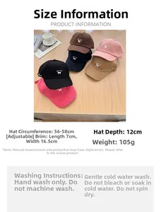 Tableau détaillé de la casquette brodée chat avec dimensions et instructions de lavage