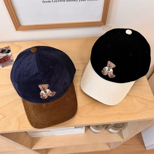 Retro corduroy baseball caps with cute bear embroidery in navy blue and black colors