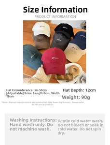 Detailed size chart for baseball cap with adjustable strap and wash care instructions