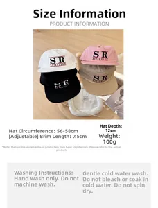Size chart and care guide for vintage embroidered baseball cap with adjustable strap