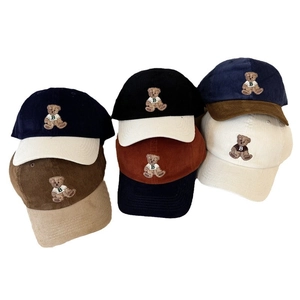 Vintage corduroy baseball caps with teddy bear embroidery in various autumn colors