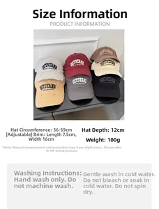 Size chart showing dimensions for vintage distressed baseball cap with embroidery detail