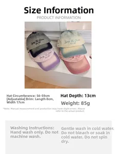 Detailed size specifications for gradient baseball caps with embroidered lettering
