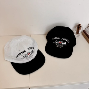 Vintage flat brim baseball cap with Native Forest embroidery in black and white finish