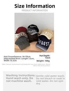 Size guide for vintage washed baseball cap with 56-59cm adjustable circumference and care tips