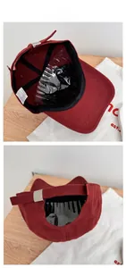Detail view of burgundy corduroy baseball cap showing inner lining and adjustable metal buckle