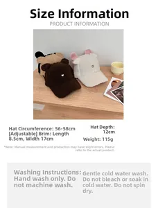 Detailed size chart and washing care guide for fuzzy plush bunny ear baseball caps