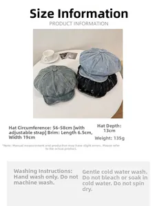 Guide des tailles détaillé pour casquette gavroche en jean avec conseils d'entretien