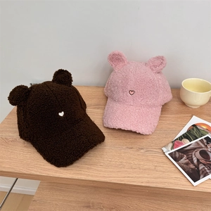 Winter faux fur baseball caps with cute bear ears and heart embroidery in brown and pink