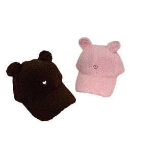 Fuzzy lamb wool baseball caps with cute bear ears and heart embroidery in brown and pink