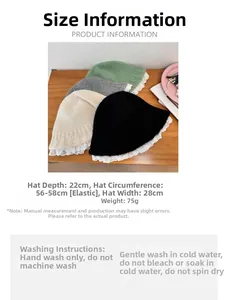 Detailed size chart and washing guide for the lace-edged knit bucket hat for women