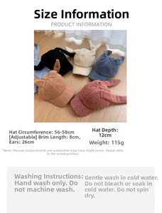 Size chart showing adjustable 56-58cm lamb wool baseball cap with bunny ears details