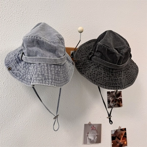 Washed Denim Style Acrylic Bucket Hat With Adjustable Windproof Rope Outdoor Sun Shade Fishing Hat For Men Women