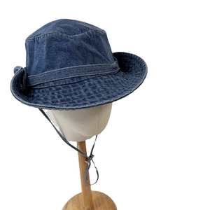 Dark blue denim bucket hat with adjustable chin strap for outdoor sun protection