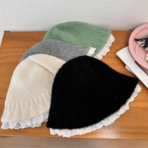 Acrylic Lace Trim Knitted Bucket Hat For Women Winter Warm Sweet Fisherman Hat Soft Elegant Fashion Headwear Accessory