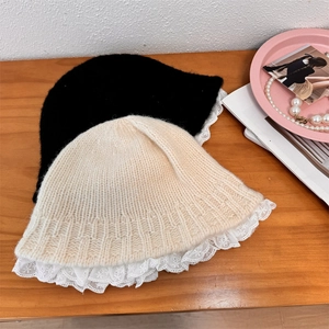 Chic knitted bucket hats with delicate lace trim in black and beige colors